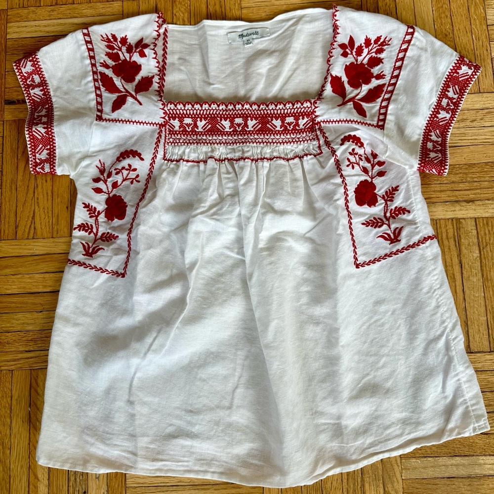 Madewell white linen blouse with red embroidery on sleeves, chest and back